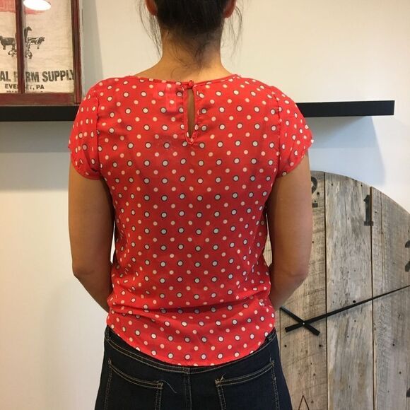 Dolled Up Red Polka Dot Collared Tie Waist Semi-Sheer Cropped Blouse NWOT 3/4 - Picture 2 of 6